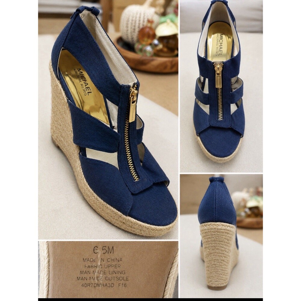 Michael Michael Kors Navy Blue Canvas Espadrille Wedge Sandals Gold Zip 6.5